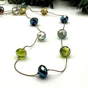 Long Multicolor Beaded Necklace With Faceted Glass Beads & Adjustable Lobster Cl